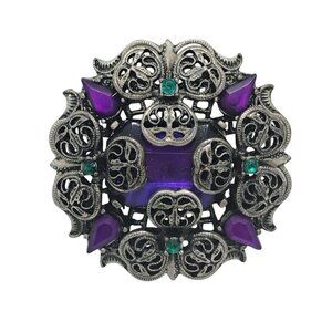 Victorian Revival Purple Green Glass Rhinestone Silver Tone Filigree Brooch
